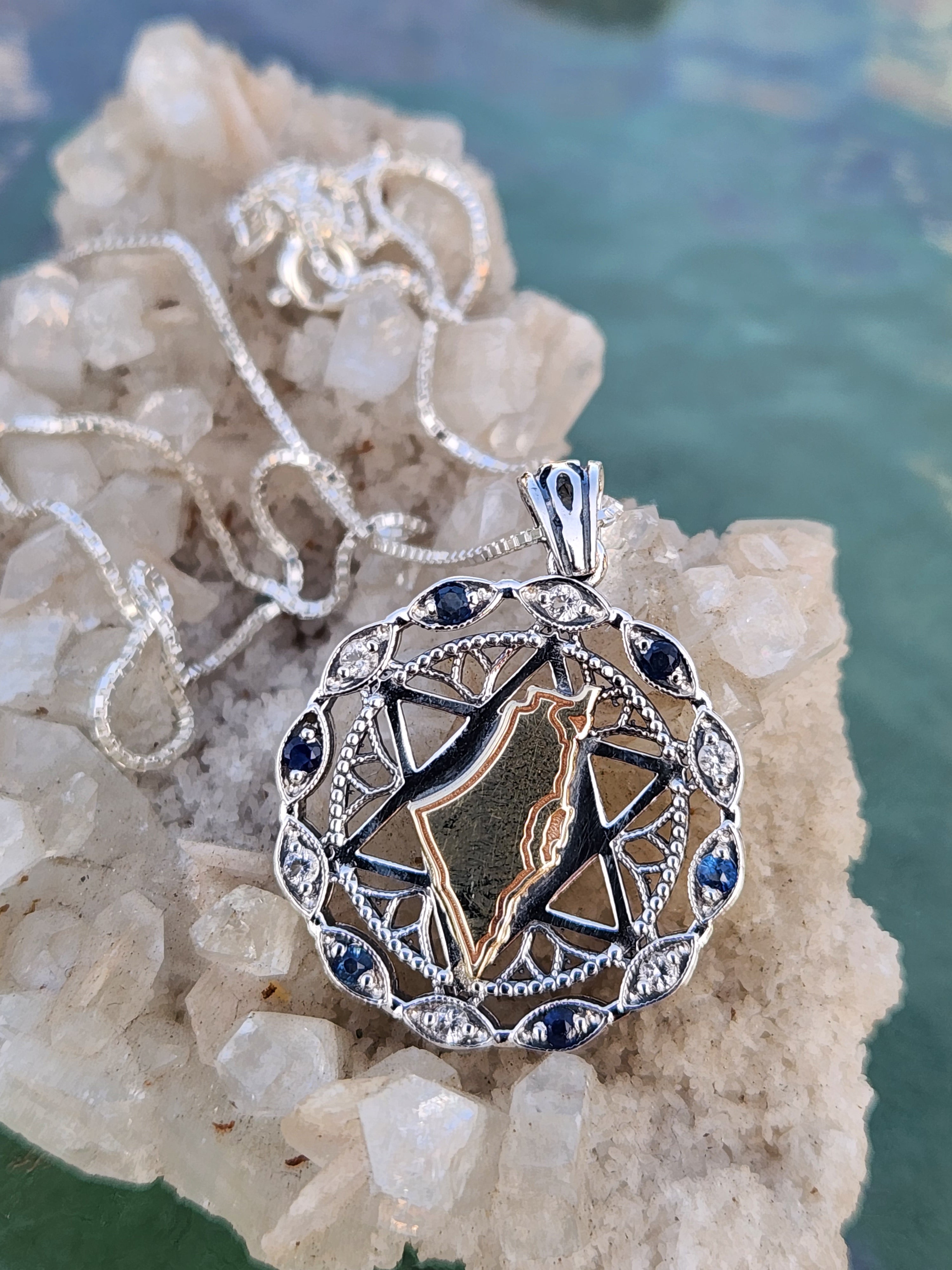 9K Gold and Sterling Silver Map of Israel and Star Of David with Blue and White CZ | Land of Israel Jewelry | Journey Blessing Necklace