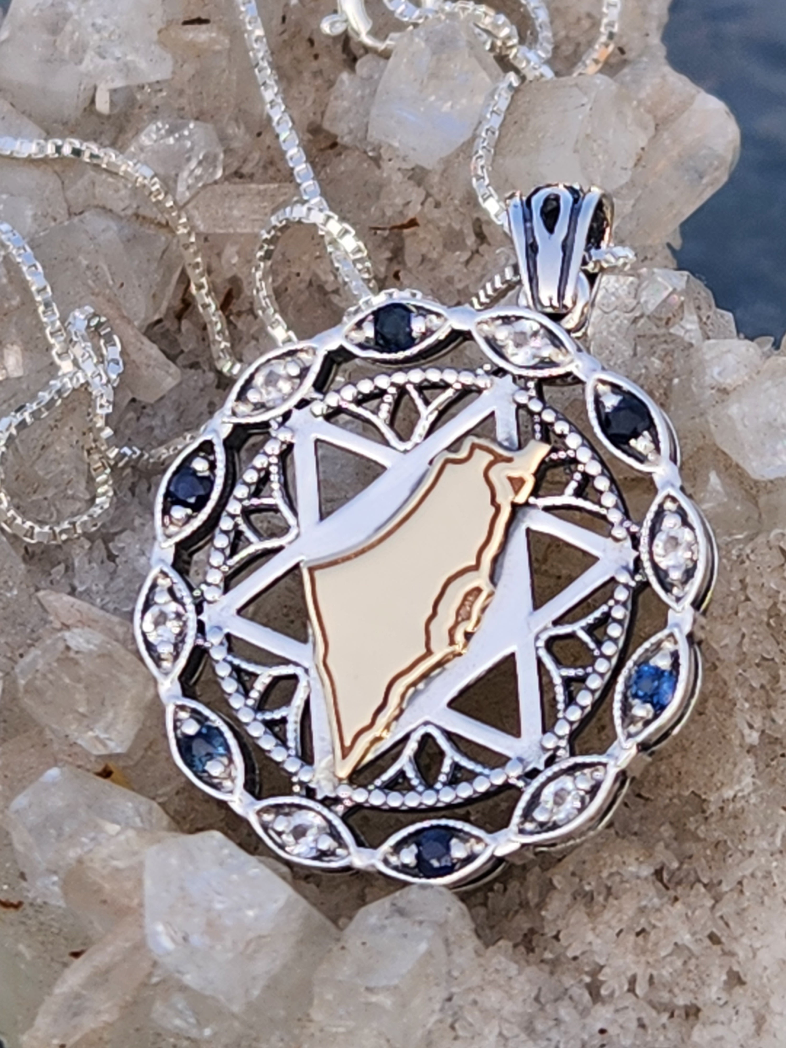 9K Gold and Sterling Silver Map of Israel and Star Of David with Blue and White CZ | Land of Israel Jewelry | Journey Blessing Necklace