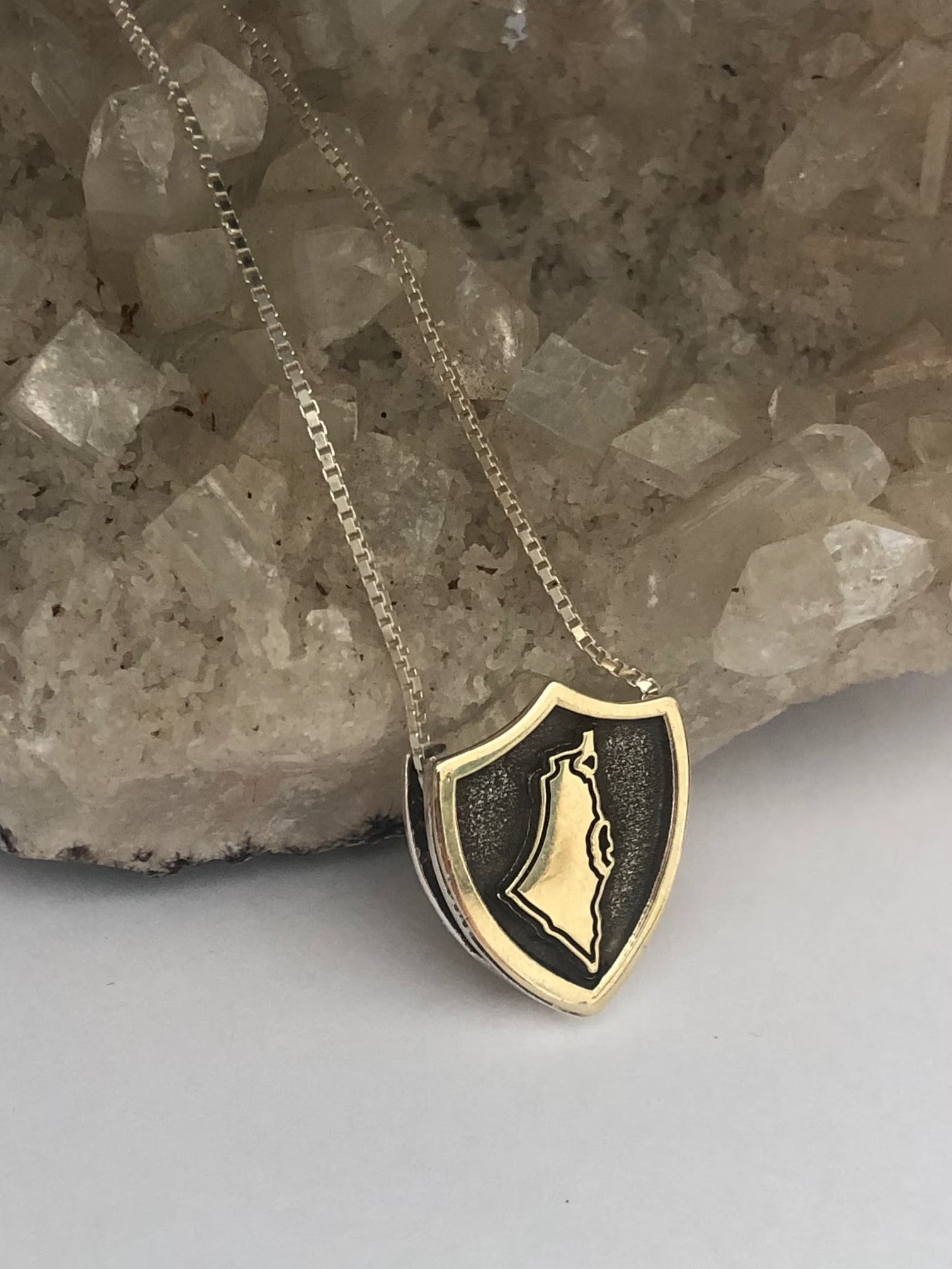 Gold and Silver Steel Shield Pendant | Map of Israel with Shema Israel | Holy Land Israel Necklace | Spiritual Jewelry | New Year Gift