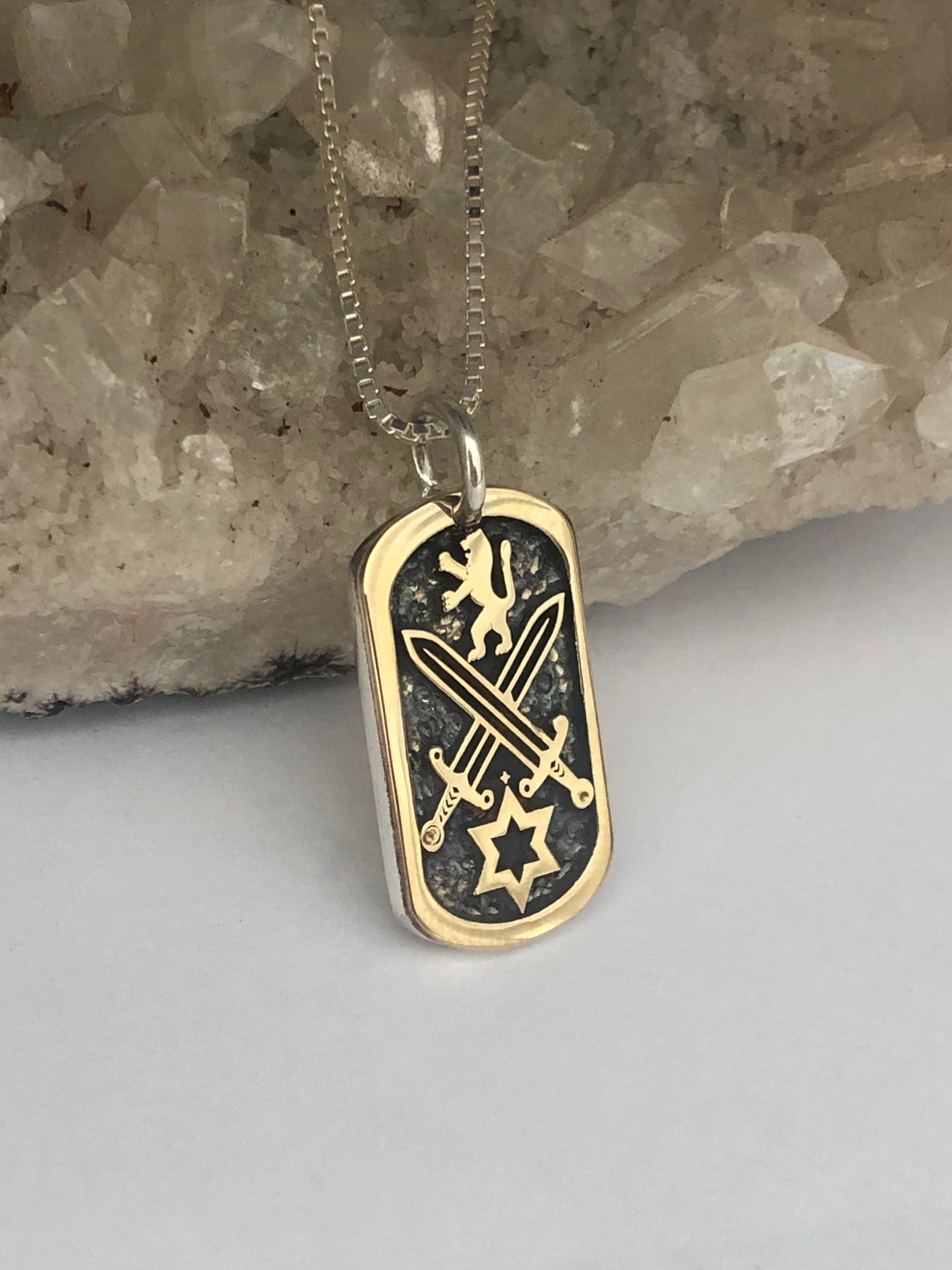 9K Gold and Sterling Silver 'War of Iron Swords' Pendant with Lion & Star of David | Men's Holy Land Necklace | Stand with Israel Jewelry