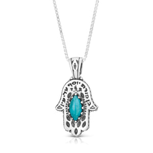 Sterling Silver Hamsa Pendant with Turquoise Stone -Ben Porat Yosef