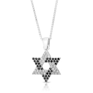 925 Sterling Silver Star of David Pendant with Black & White Zircon Stones