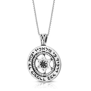 925 Sterling Silver Star of David & Pslam 91 Circular Disc Pendant with Onyx Stone