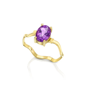 14K Gold Oval Cut, wavy design, gold dainty Solitaire Ring with Genuine Amethyst made in your ring size,Purple gold ring