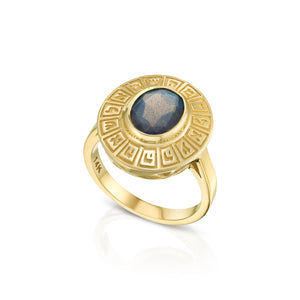 14K gold ring engraved with five combinations the names of god, eliptical ring Inlaid with Labradorite-Spectrolite stone, birthstone