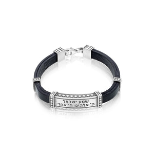 Shema Israel: Silver and Leather Bracelet with Stars of David - Choice of Colors Black Leather Men’s Bracelet