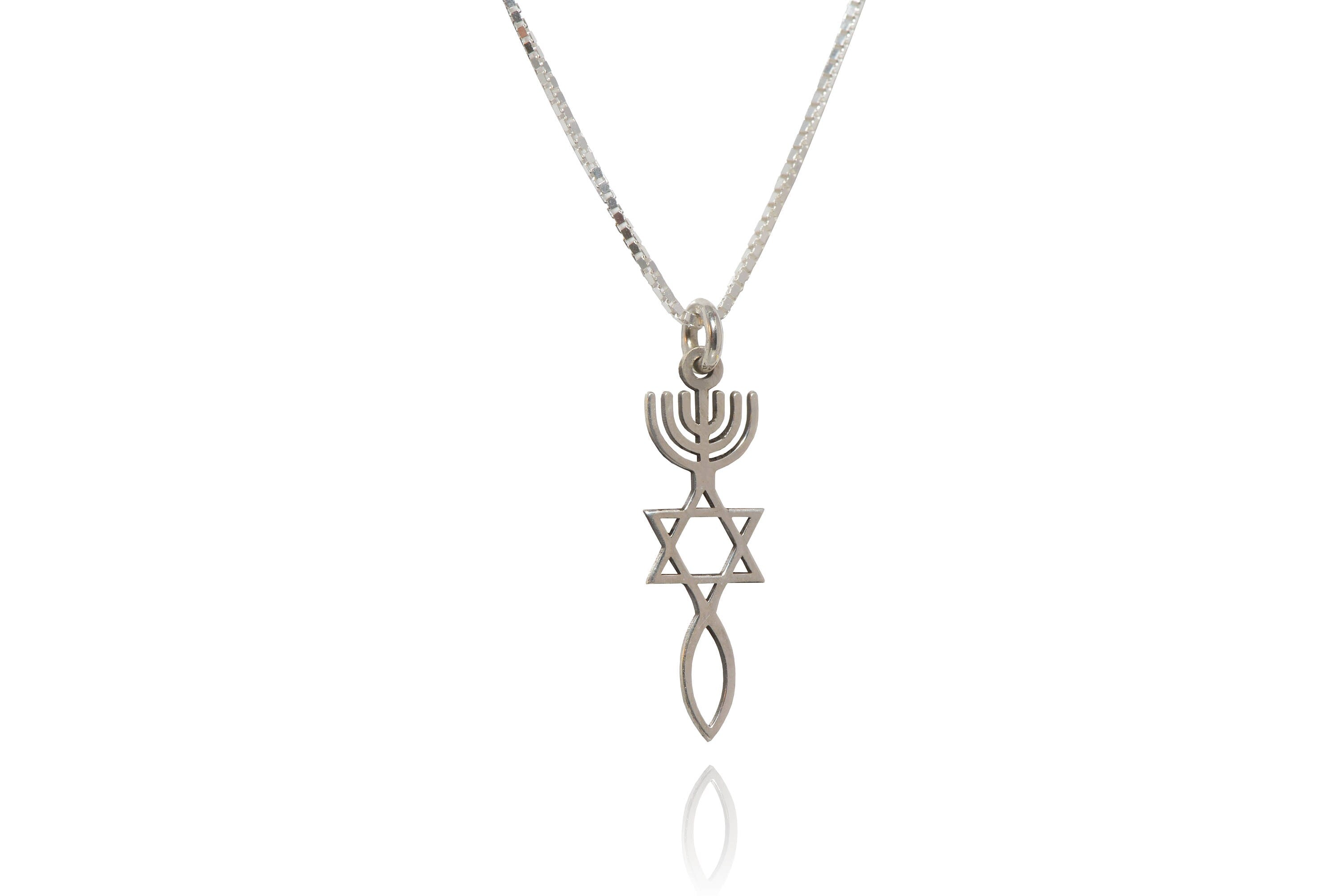 Hebrew Pendant: Sterling Silver Jewish Menorah & Star of David Necklace, Christian Fish Messianic Necklace - Anniversary Jewelry for Women