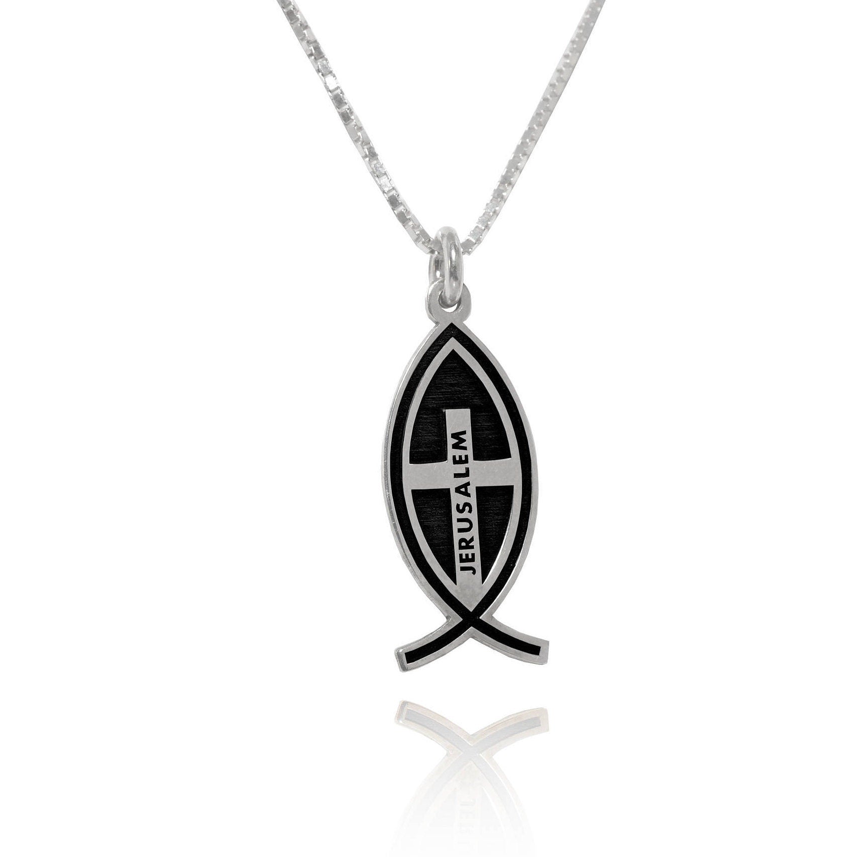 Fish Necklace, Christian Fish Necklace, Ichthus Fish Necklace, Fish Charm Necklace, Dainty Necklace, Silver Fish Necklace, jerusalem cross