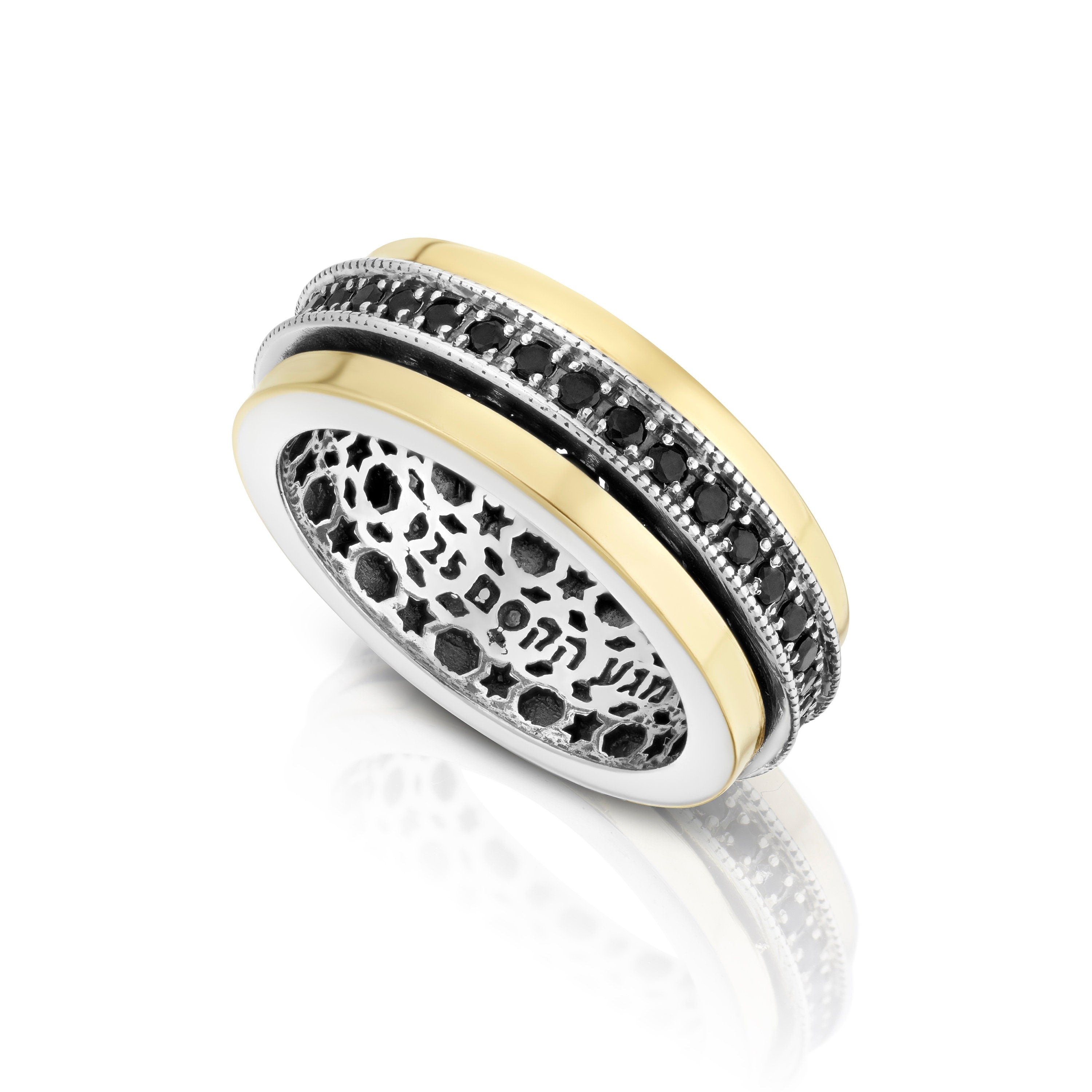 Spinning Ring 925 Sterling Silver with 9K Gold and Black zircon stones- from Israel