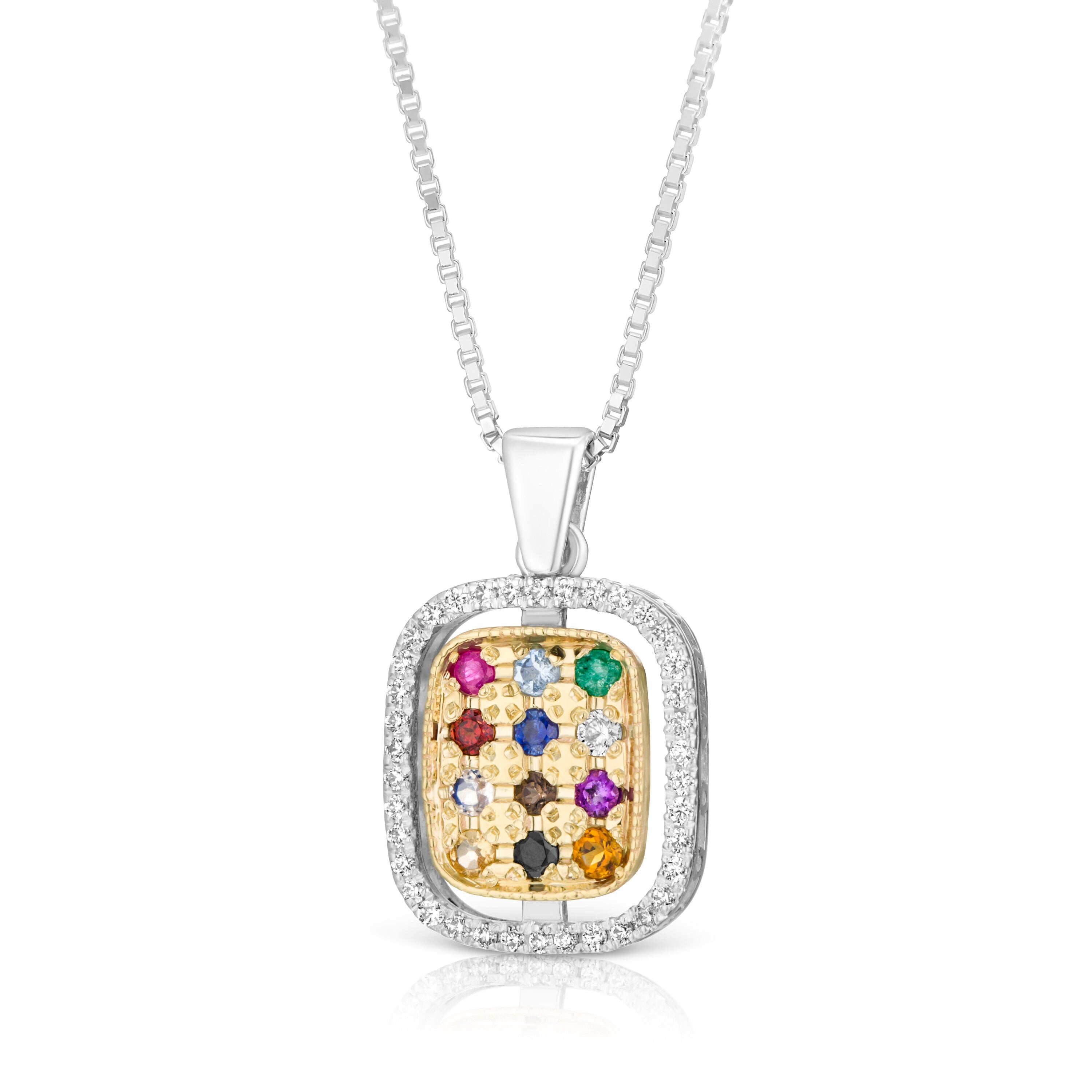 Hoshen Genuine Gemstones and Diamond Pendant Necklace: 925 Sterling Silver and 9K Gold Breastplate Stones Necklace | Anniversary Gift