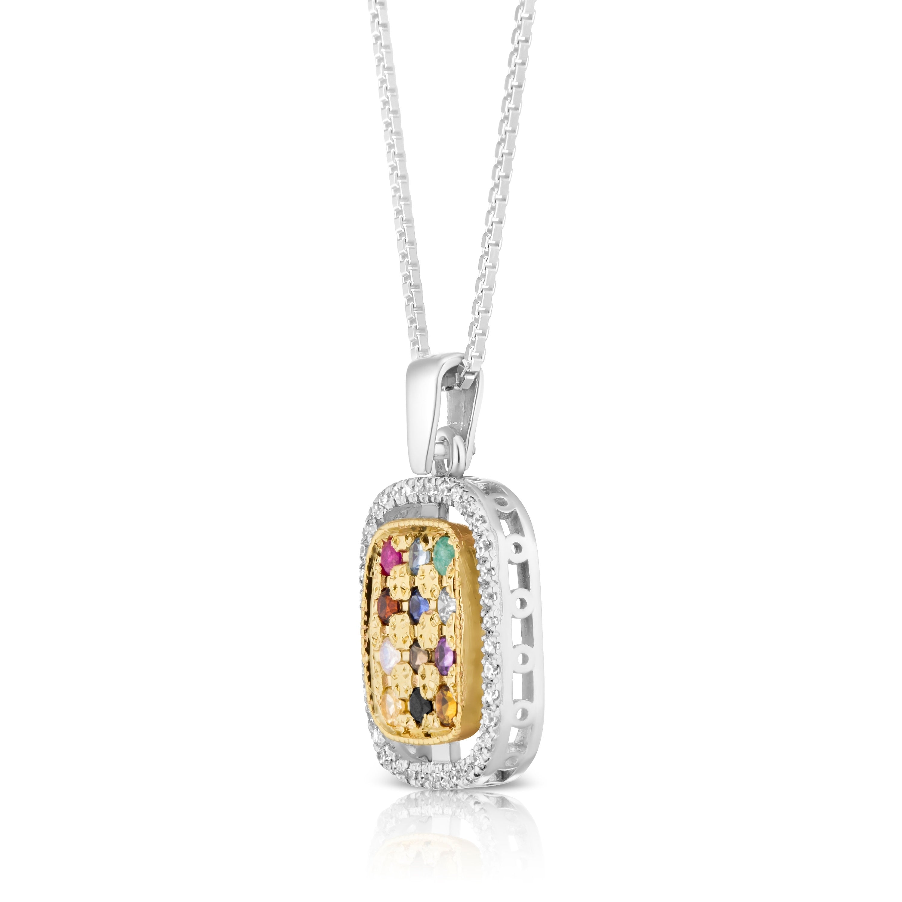 Hoshen Genuine Gemstones and Diamond Pendant Necklace: 925 Sterling Silver and 9K Gold Breastplate Stones Necklace | Anniversary Gift
