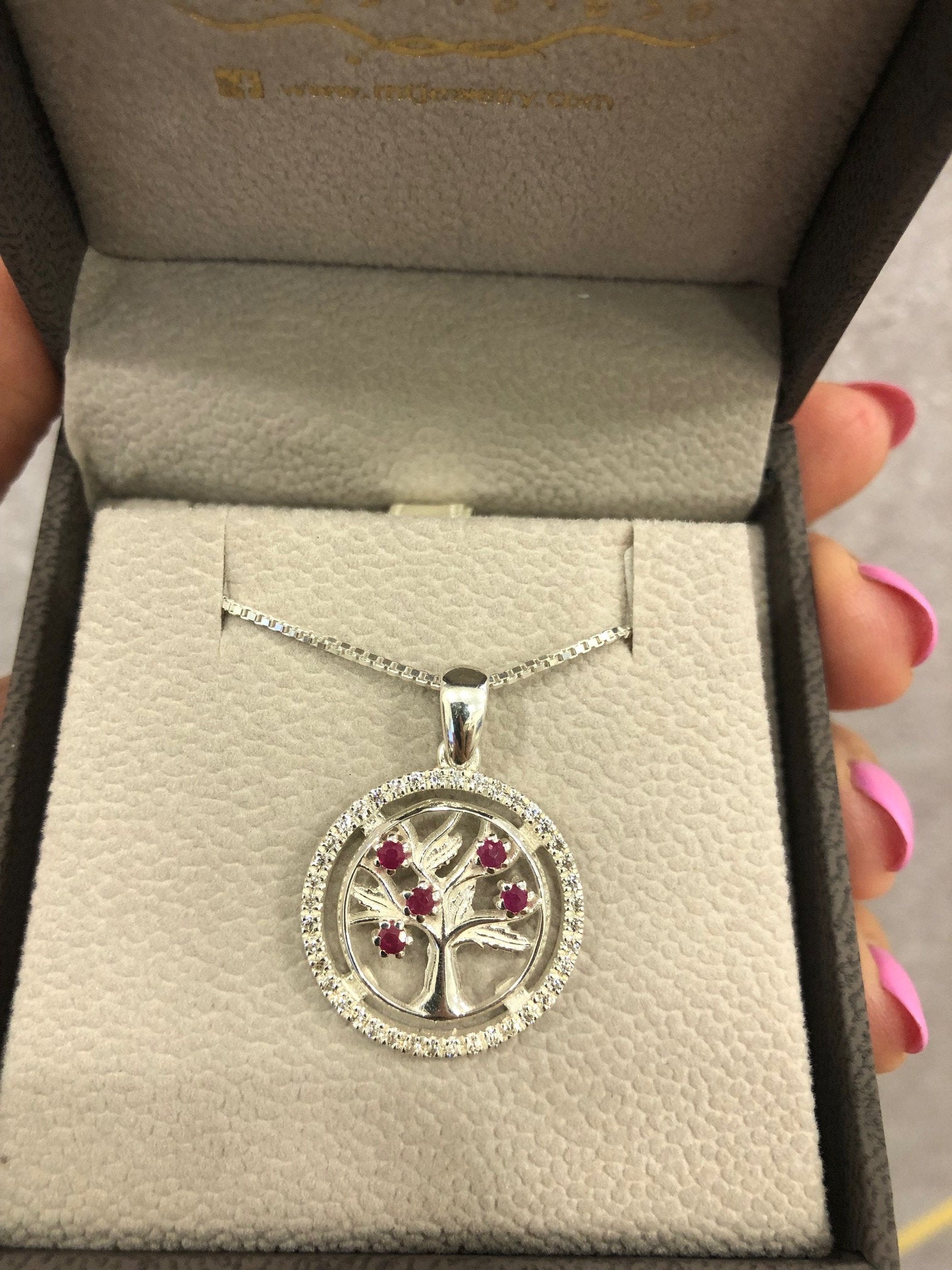 Sterling Silver| Tree of Life Pendant With Ruby Stones & Cubic Zircon | Ruby Gift | Bridal Shower Necklace Gift | Bachelorette Party Gift